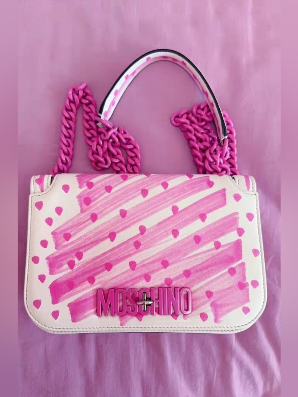MOSCHINO Brushstroke Leather White Barbie Pink Bag Crossbag - Picture 1 of 7